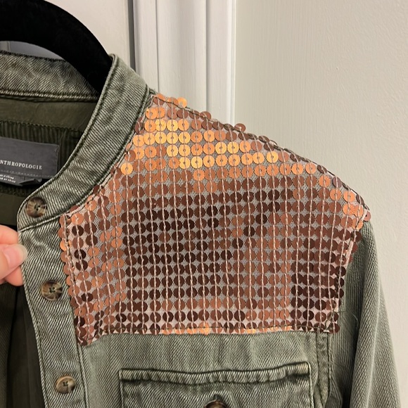 Anthropologie green denim shirt sequin detail Size 00P - Picture 4 of 4